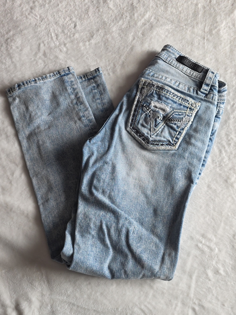 Vigoss Light Blue Straight Leg Jeans with Embellished Back Pocket